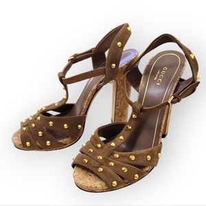 GUCCI Jacquelyne Brown Gold Studded Suede Sandal Heels EU 37.5 US 7.5